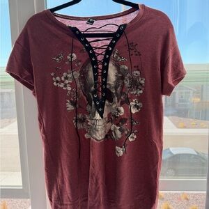 Windsor Maroon Skull Floral Lace-Up Tee